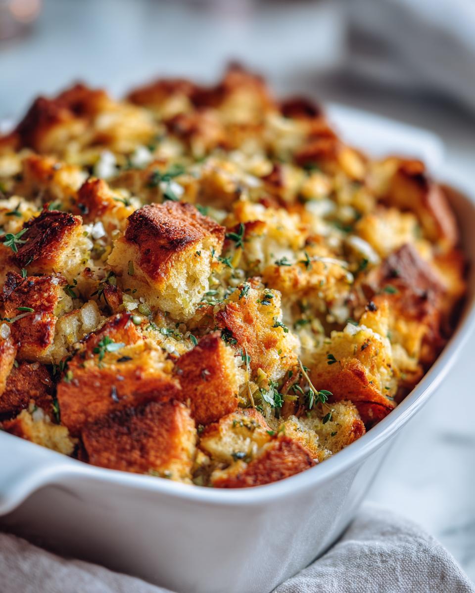 Close-up of golden brown, crispy bread cubes in a white baking dish, featuring fresh herbs for the best stuffing recipe.