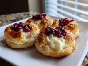 Four golden baked brie bites made with puff pastry, melted brie cheese, and topped with cranberry preserves.
