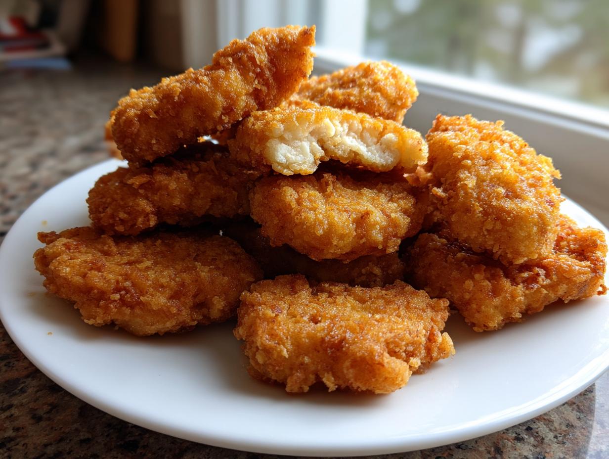 A pile of freshly cooked, golden brown homemade chicken nuggets stacked on a white plate, one nugget is broken open showing white chicken meat.