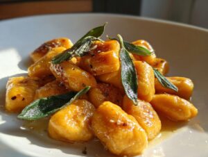 A close-up of pan-seared sweet potato gnocchi tossed in brown butter and topped with fresh sage leaves.