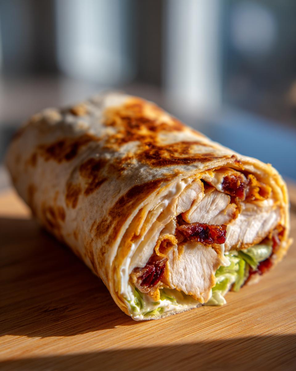 A close-up, cross-section view of a grilled chicken bacon ranch wrap filled with white chicken breast, crispy bacon, lettuce, and ranch dressing.