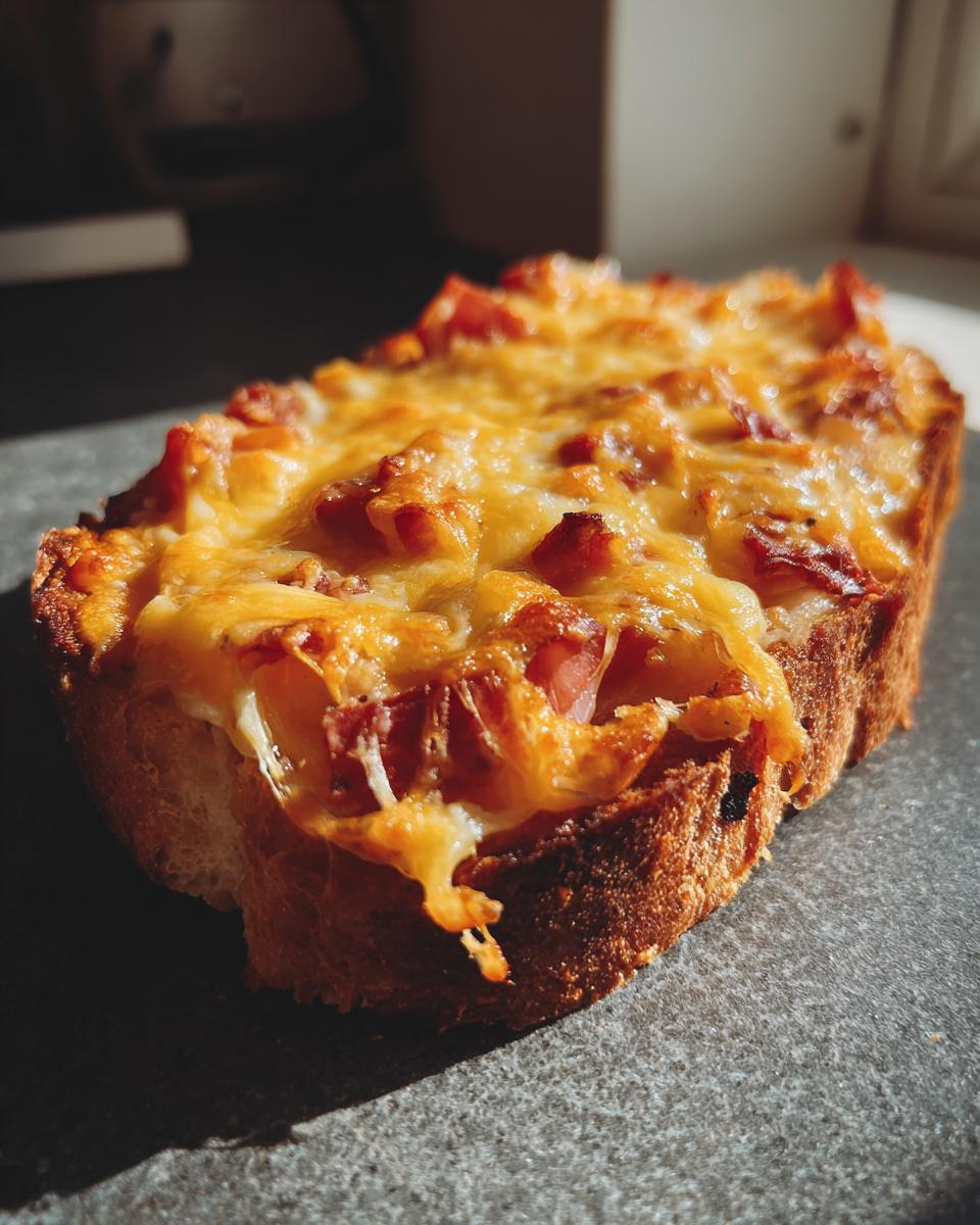 Close-up of a slice of bread topped with melted cheese and bits of ham, ready to eat from the hanky panky recipe.