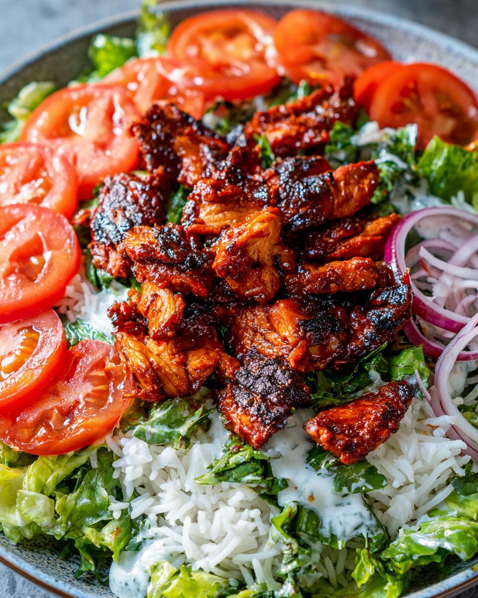 Close-up of a delicious harissa chicken bowl featuring spicy chicken pieces over rice, lettuce, tomatoes, and a white sauce.