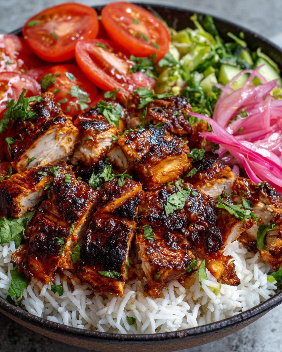 Close-up of sliced, glazed harissa chicken served over fluffy white rice with fresh tomatoes and pickled onions.