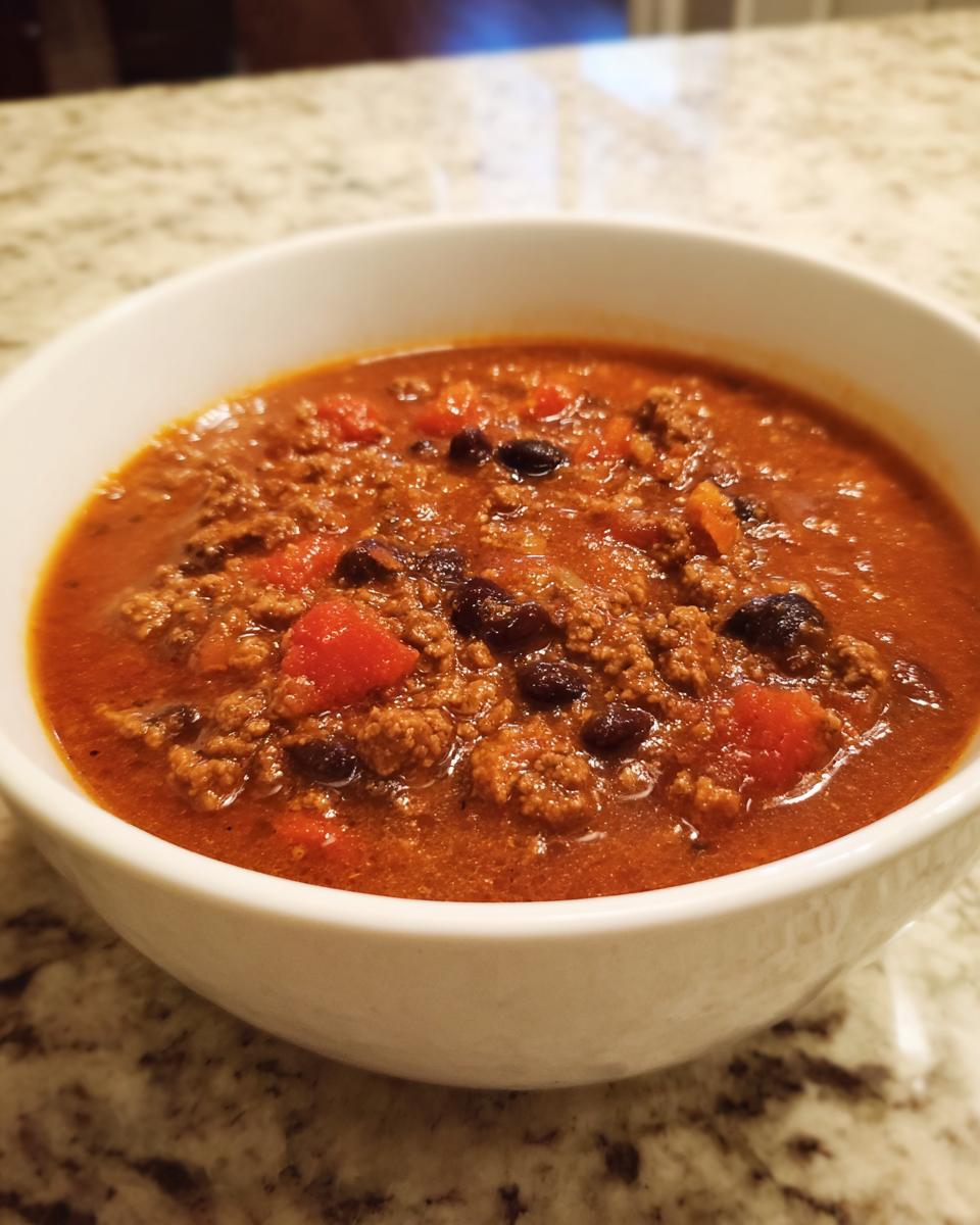 Close-up of a white bowl filled with rich, savory pumpkin chili, featuring ground meat, black beans, and tomatoes.