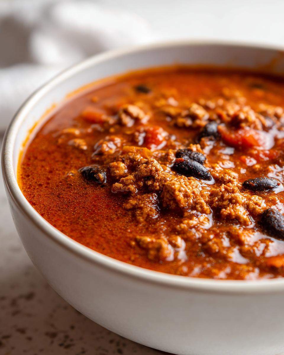 Close-up of a white bowl filled with rich, red pumpkin chili featuring ground meat and black beans.
