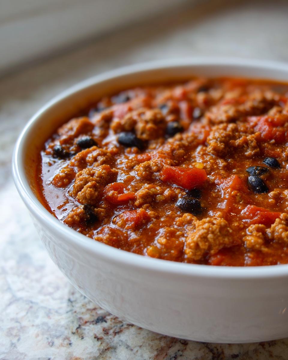 Close-up of a white bowl filled with rich, thick pumpkin chili featuring ground meat and black beans.