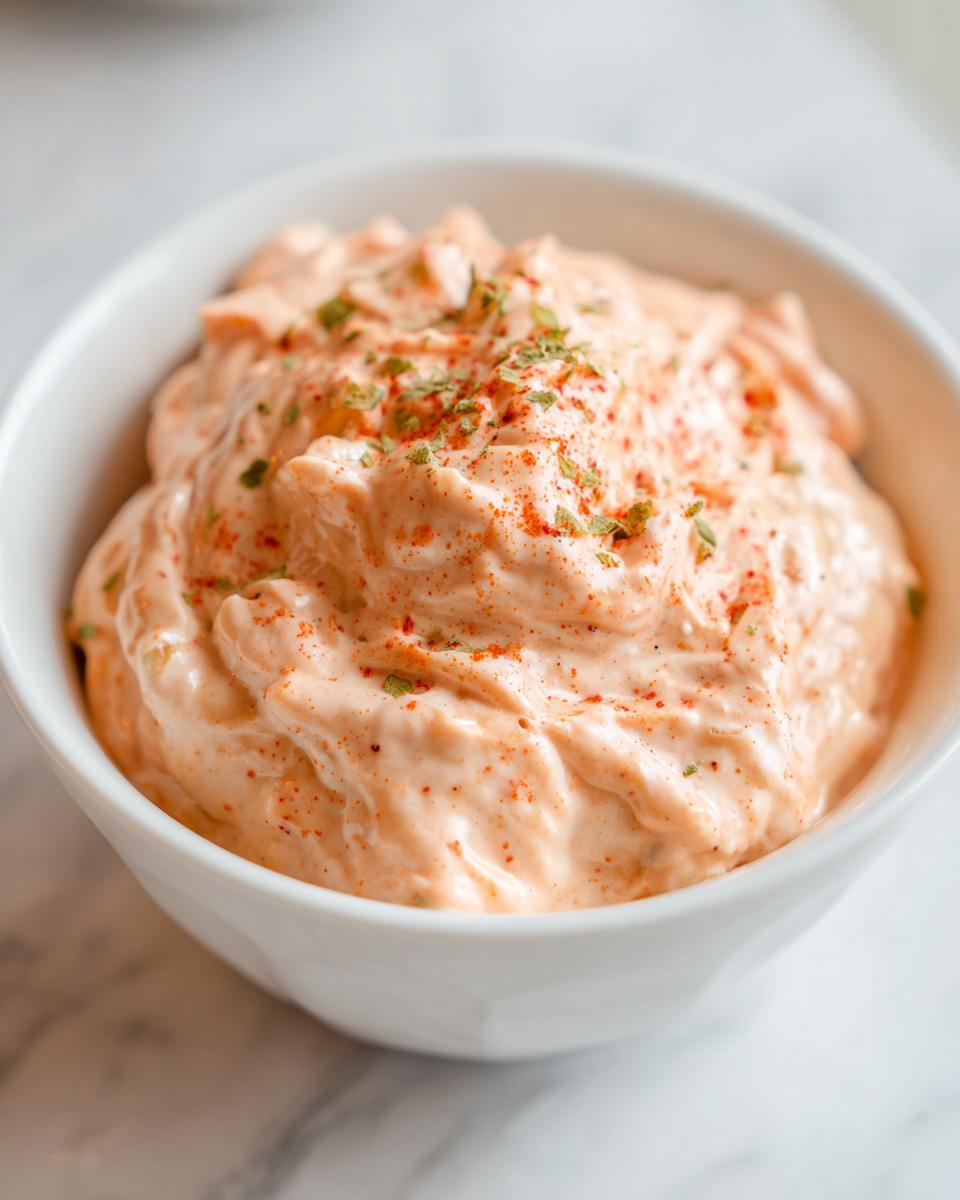 Close-up of creamy, orange-pink big mac sauce topped with paprika and dried herbs in a white bowl.