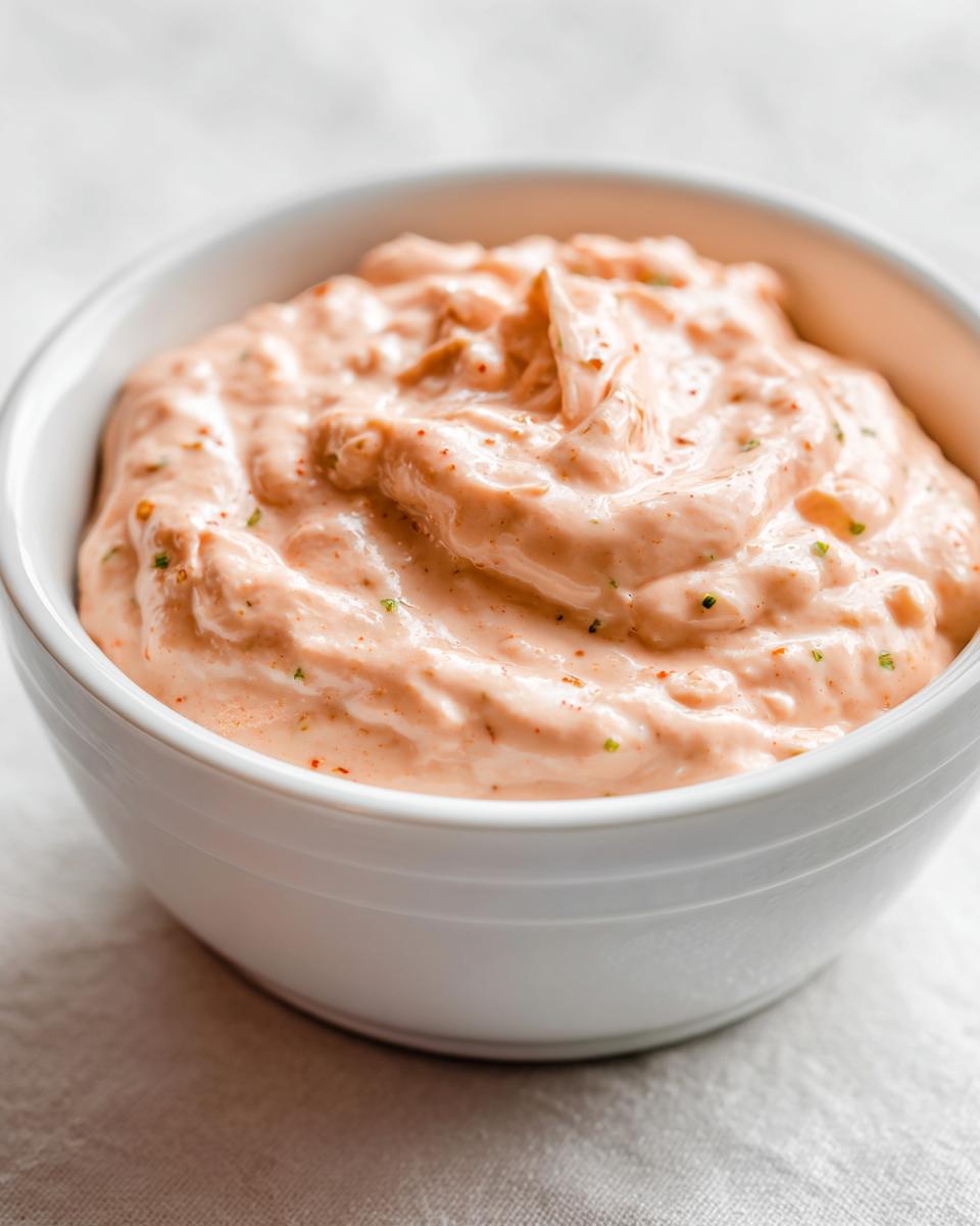 A close-up of creamy, pinkish-orange homemade big mac sauce mixed with visible spices in a small white bowl.