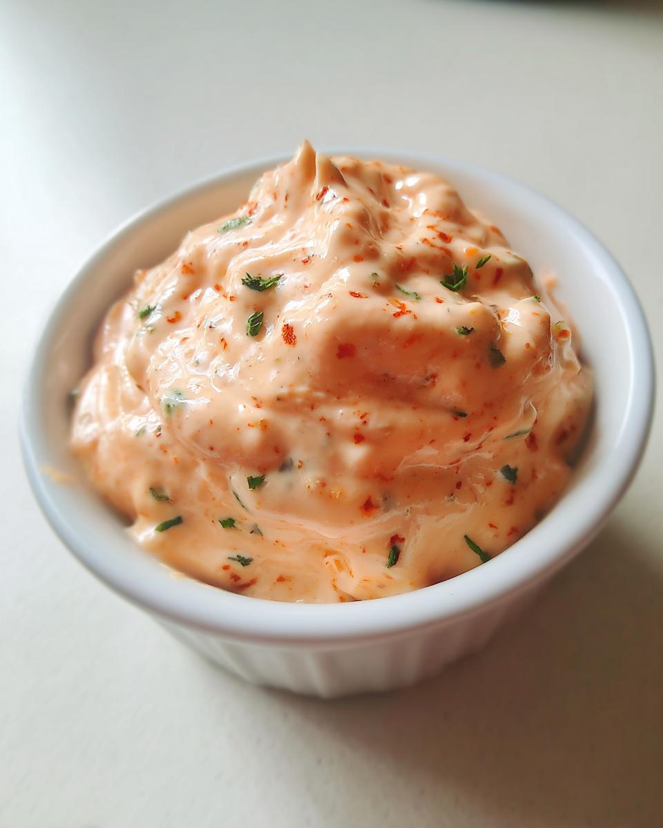 Close-up of creamy, orange-pink homemade big mac sauce speckled with herbs and spices in a small white bowl.