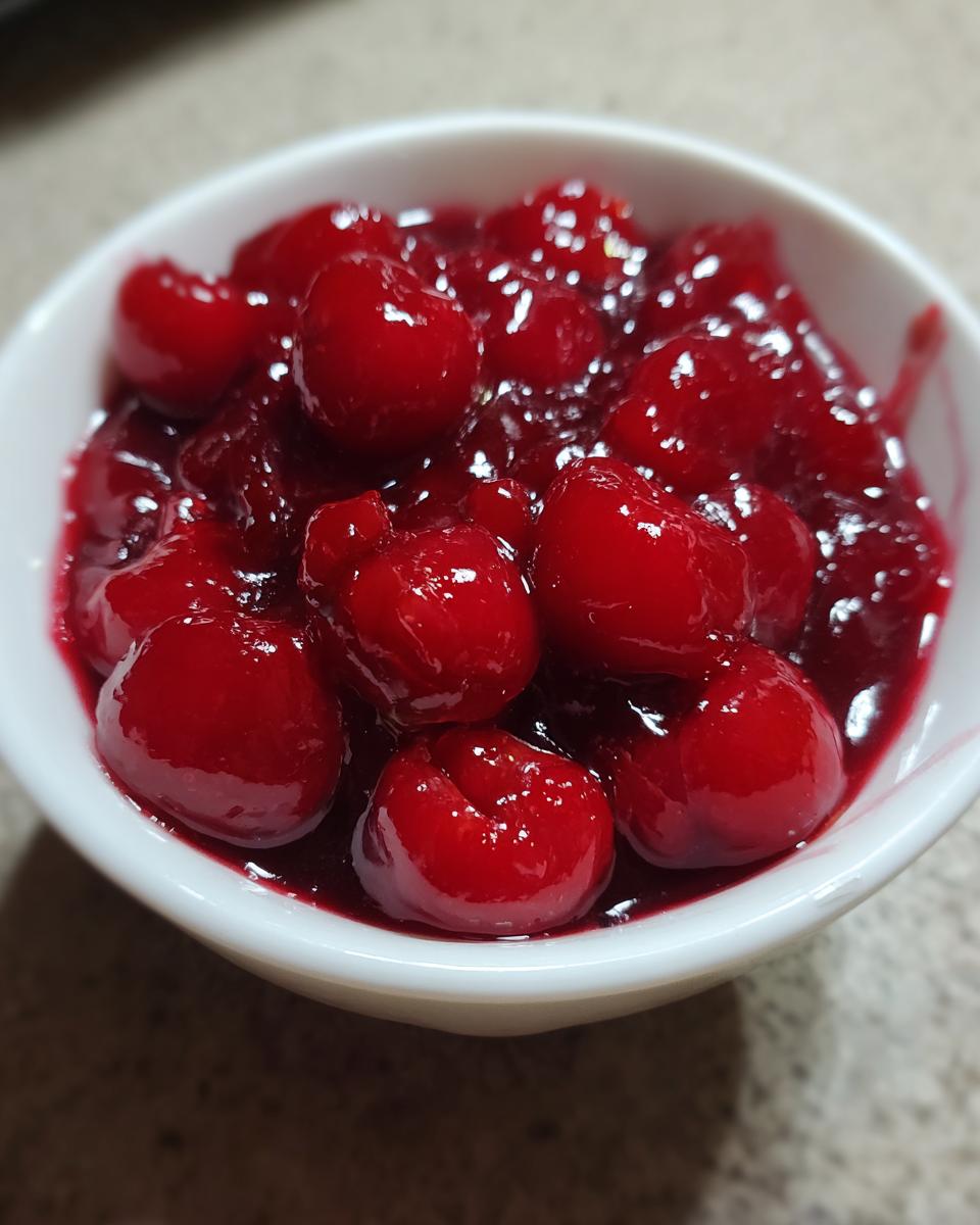 A close-up shot of glossy, bright red homemade cherry pie filling served in a small white bowl.