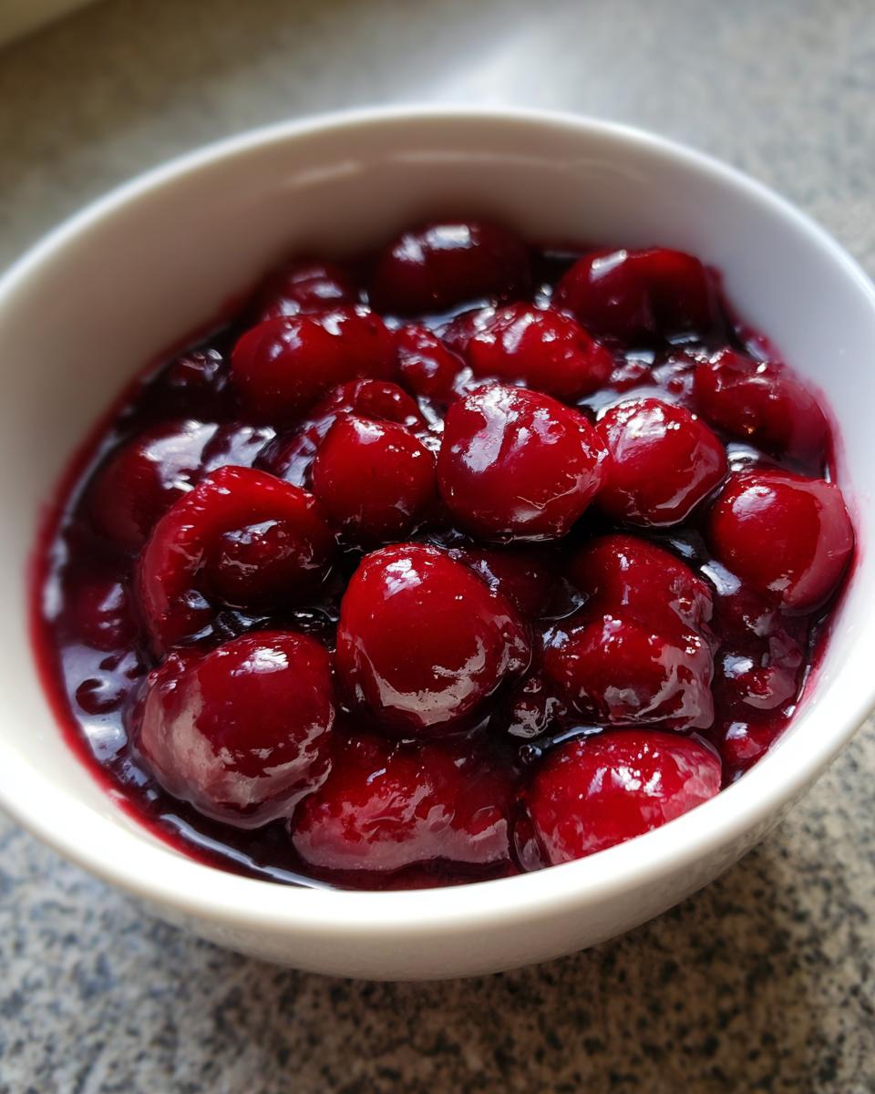 Close-up of glossy, rich red cherries suspended in thick sauce, representing homemade cherry pie filling in a white bowl.