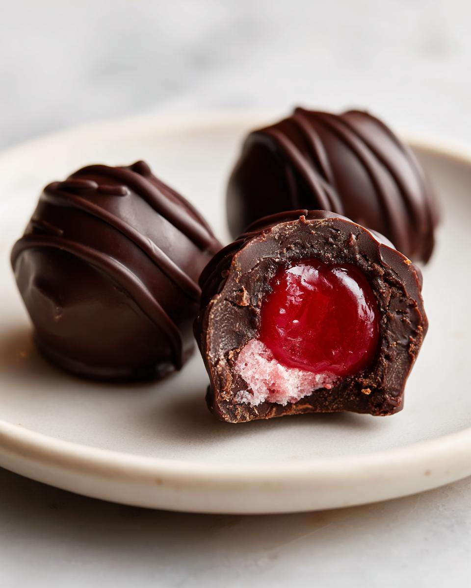 Close-up of homemade chocolate covered cherries, one cut open revealing a bright red cherry center.