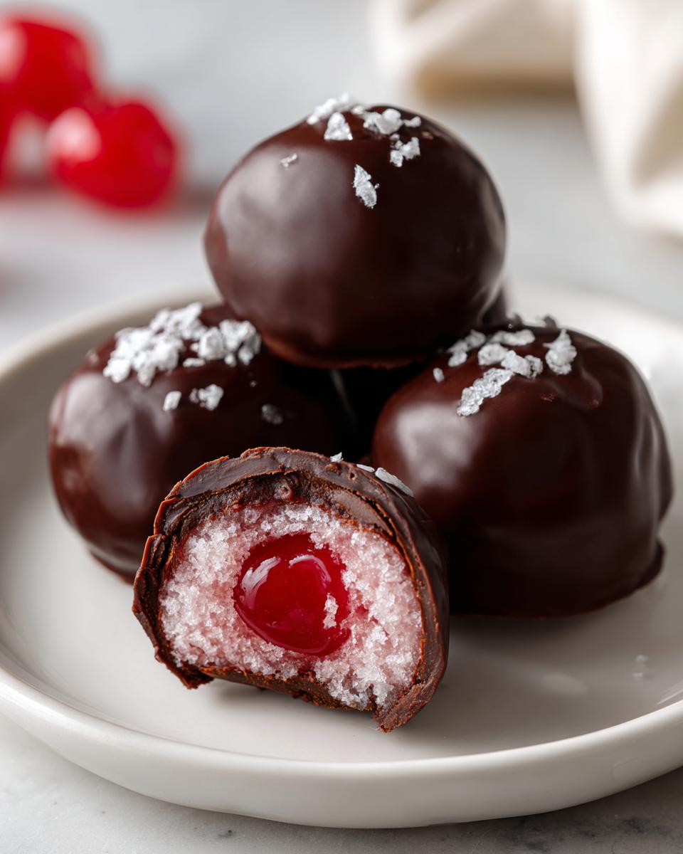 Close-up of homemade chocolate covered cherries, one cut open showing the cherry center and pink filling.
