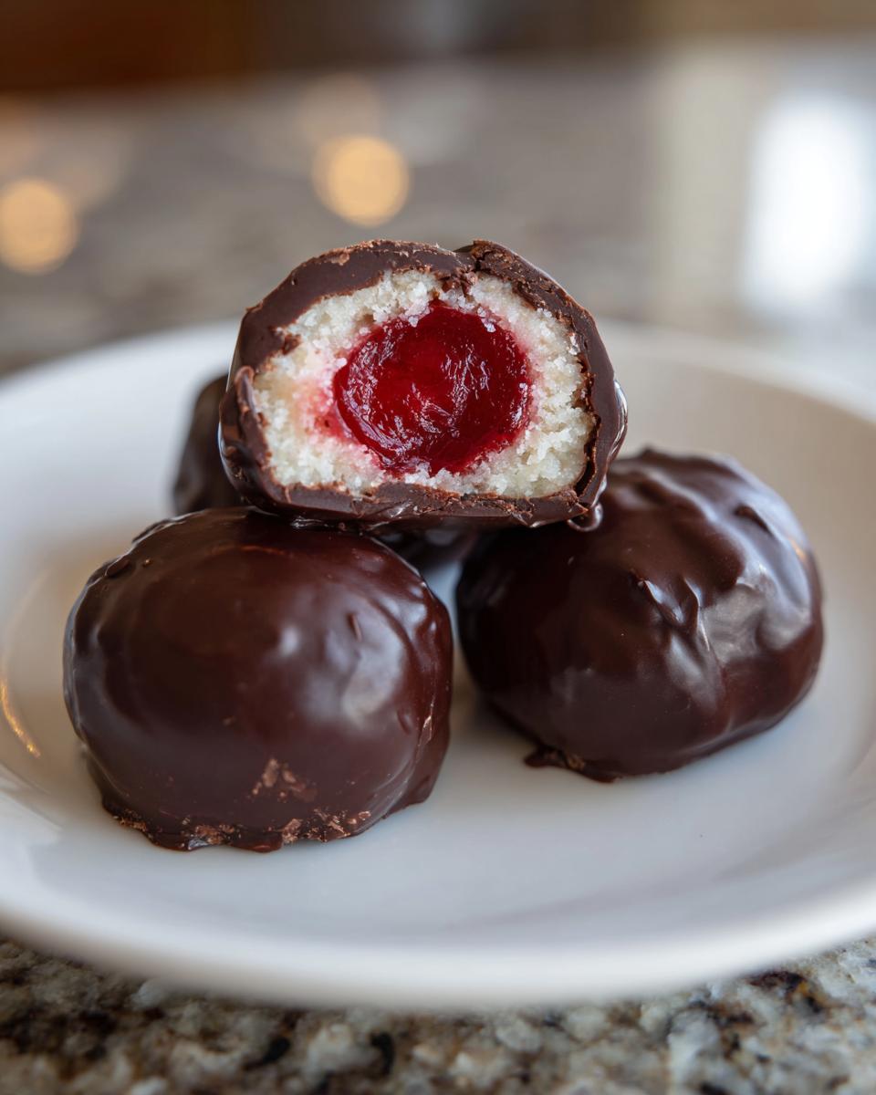 Close-up of homemade chocolate covered cherries, one cut in half showing the cherry filling and white coating.