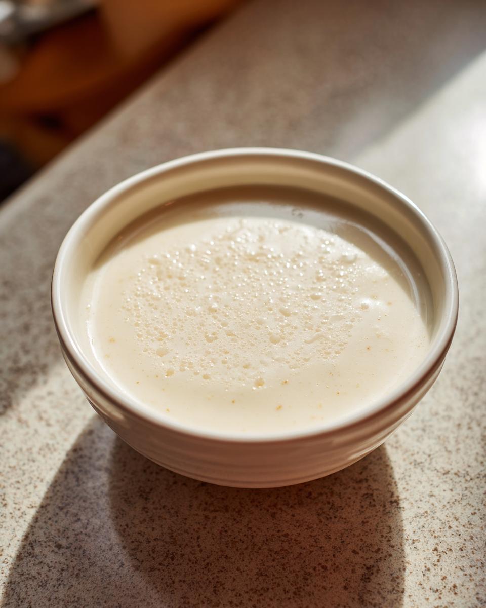 A close-up of a small white bowl filled with creamy homemade cream of chicken soup, showing a light foam on top.