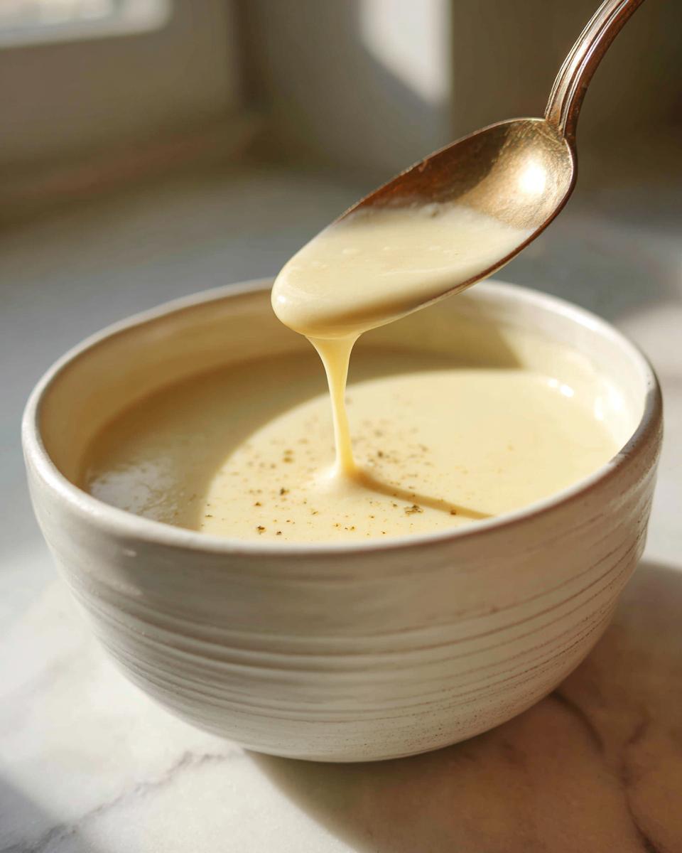 A spoonful of thick, creamy homemade cream of chicken soup dripping back into a white bowl.