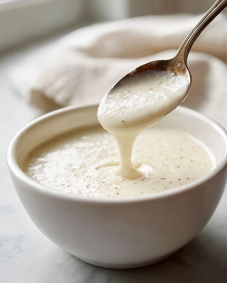 A spoonful of thick, creamy homemade cream of chicken soup being lifted from a white bowl, showing its smooth texture.