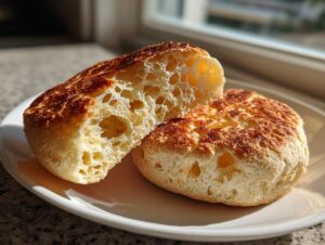 Close-up of a homemade english muffin split in half showing the airy, holey interior texture.