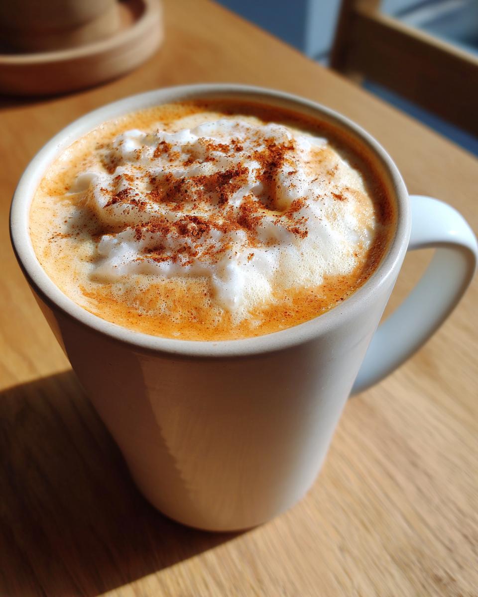 Close-up of a creamy pumpkin spice latte topped with whipped cream and a dusting of cinnamon.