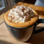 Close-up of a rich, orange-hued pumpkin spice latte topped with a mountain of whipped cream and sprinkled cinnamon.