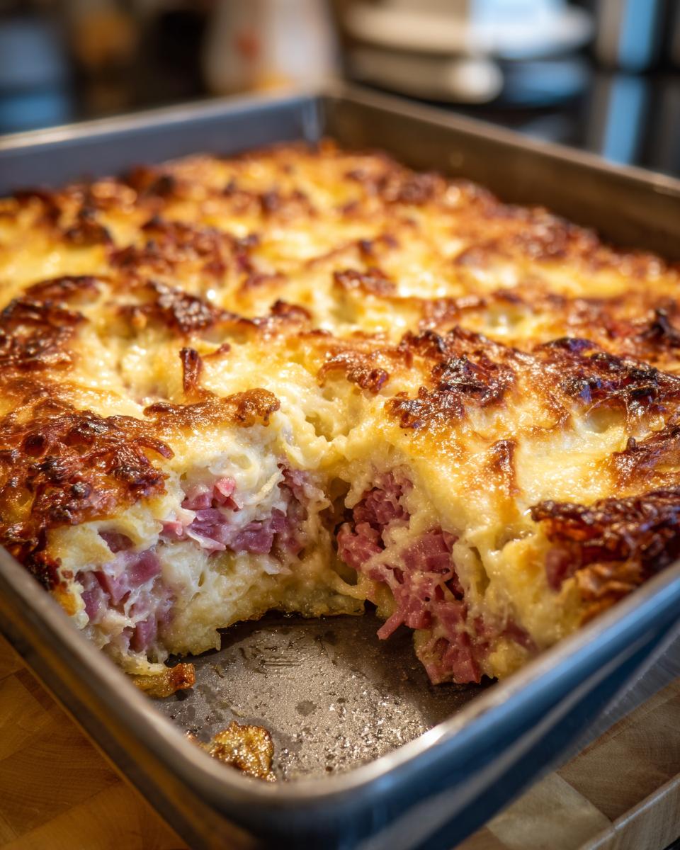 A square baking dish containing a freshly baked homemade reuben bake with a golden, bubbly cheese crust and visible corned beef filling.