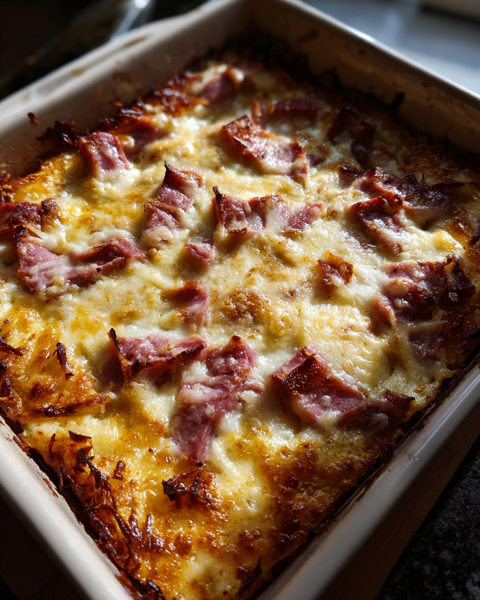 Close-up of a bubbling, cheesy homemade reuben bake fresh from the oven in a light-colored baking dish.