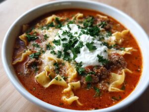 Close-up of a bowl of rich tomato-based instant pot lasagna soup with pasta, ground meat, and a dollop of ricotta cheese.