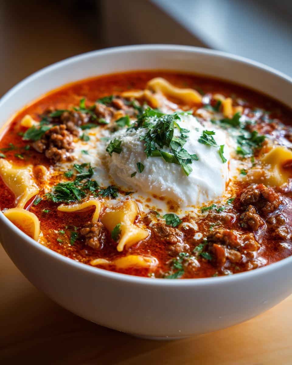 Close-up of a white bowl filled with rich red Instant Pot Lasagna Soup, topped with a dollop of ricotta and fresh parsley.