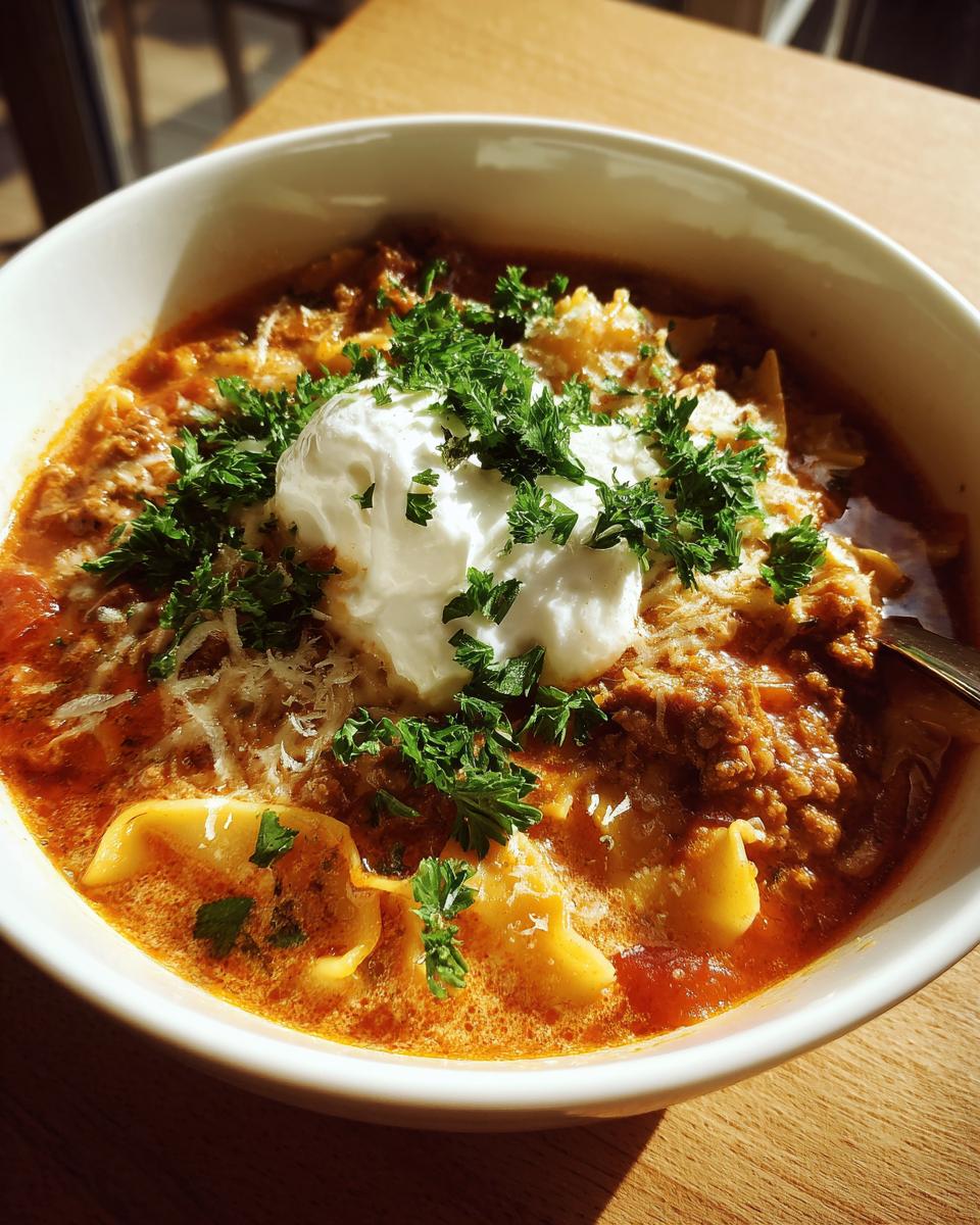 A close-up of a hearty bowl of instant pot lasagna soup topped with sour cream, parmesan, and fresh parsley.