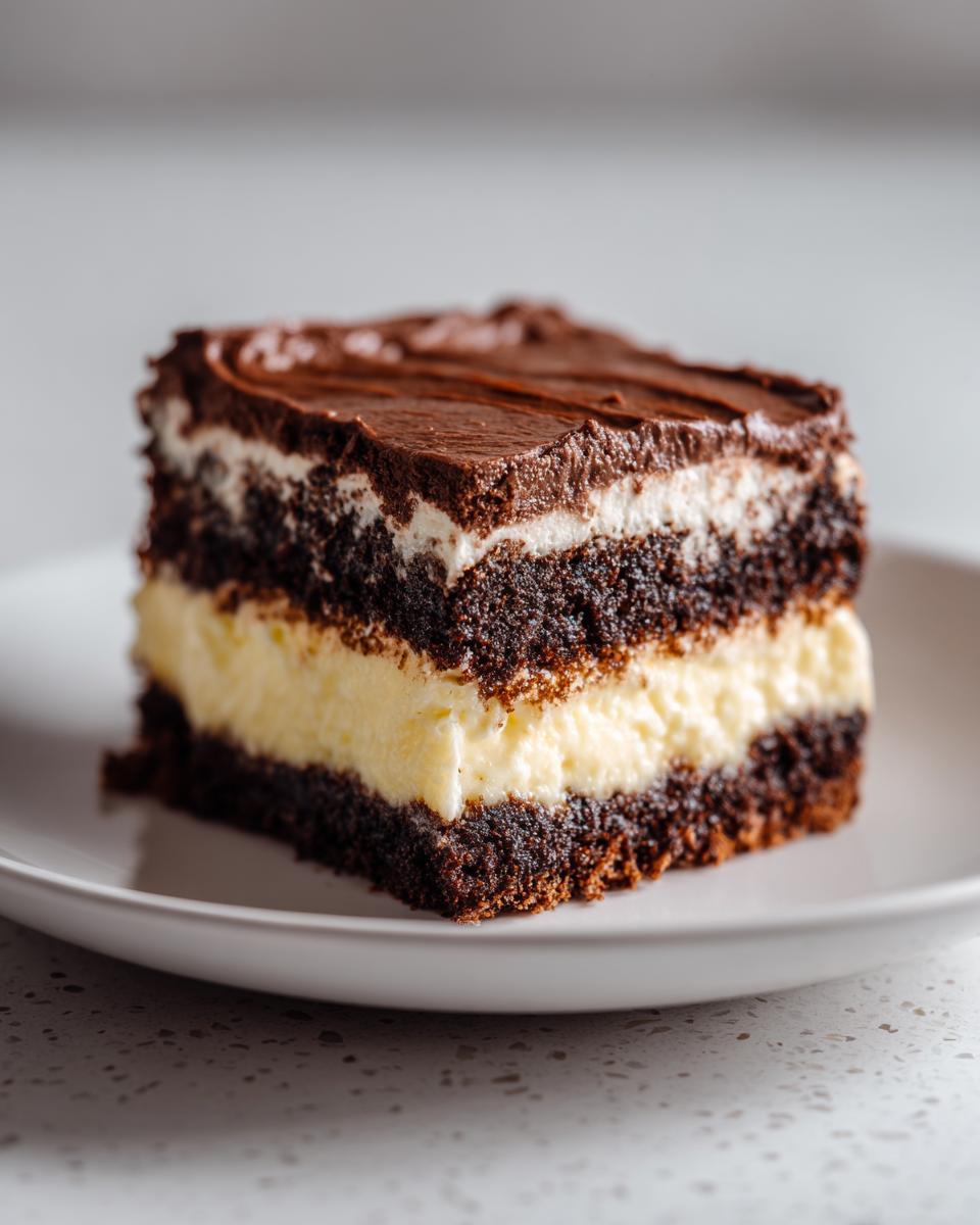 A decadent slice of Italian love cake featuring dark chocolate cake layers, creamy filling, and chocolate frosting.