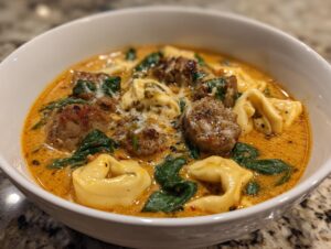 Close-up of a white bowl filled with creamy Italian sausage tortellini soup, featuring sausage chunks and wilted spinach.