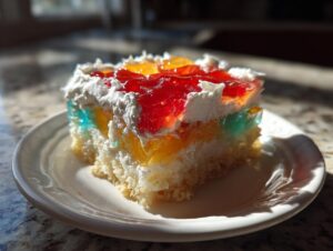 A close-up view of a moist slice of jello poke cake layered with colorful gelatin and topped with white whipped cream.