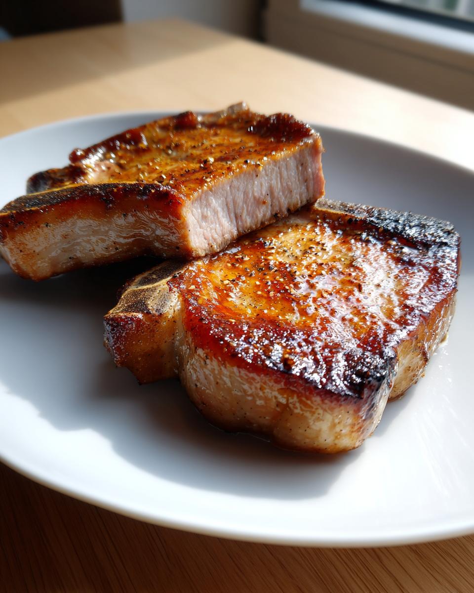 Two perfectly seared and juicy air fryer pork chops, one sliced to show the interior, seasoned with pepper.