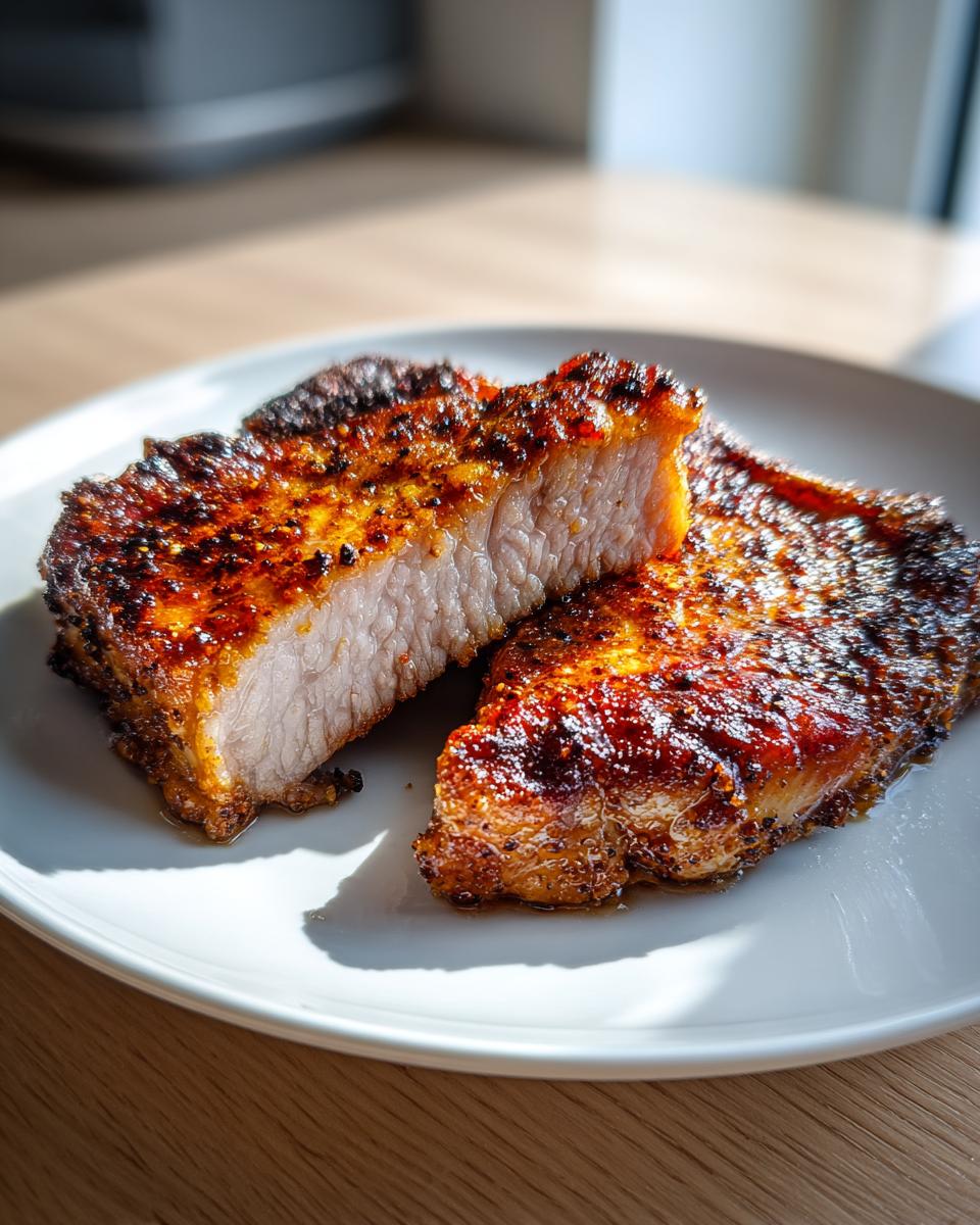 Two perfectly cooked air fryer pork chops on a white plate, one sliced to show the juicy interior.