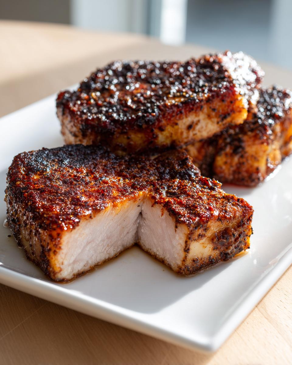 Close-up of juicy air fryer pork chops, one cut to show the perfectly cooked, moist interior.