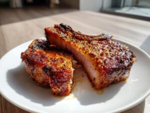 Two perfectly cooked, thick air fryer pork chops, seasoned and cut to show the juicy interior.