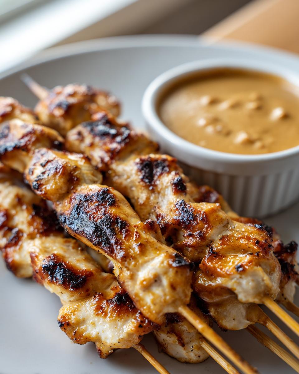 Close-up of grilled chicken satay skewers served next to a small bowl of creamy peanut dipping sauce.