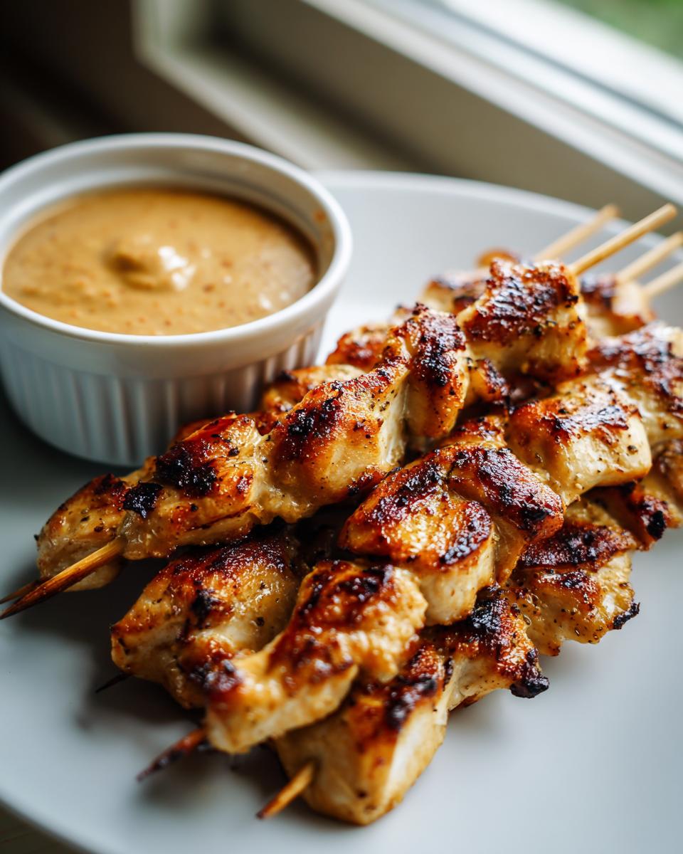 Close-up of grilled, juicy chicken satay skewers served with a side of creamy peanut dipping sauce.