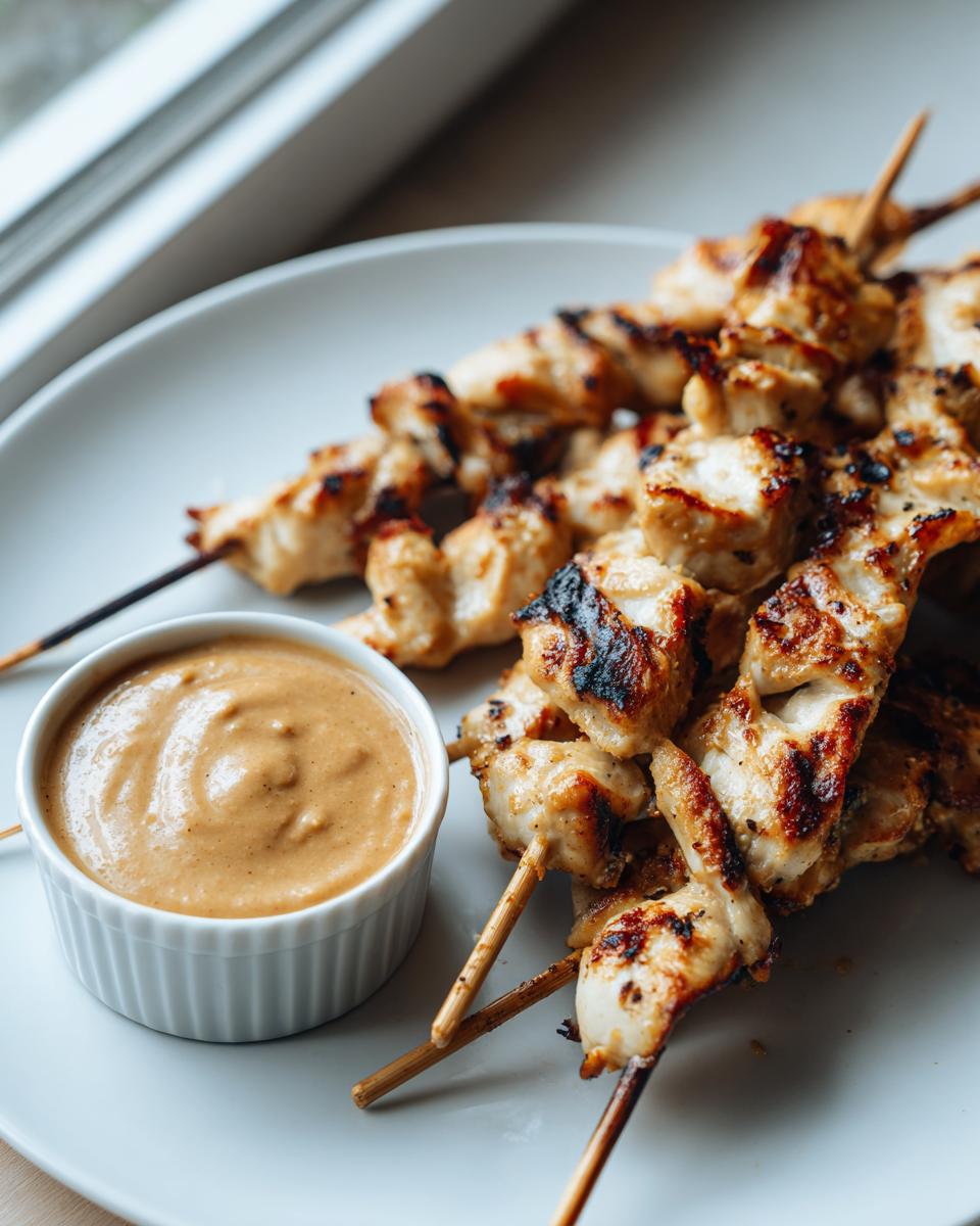Close-up of grilled chicken satay skewers served with a side of creamy peanut dipping sauce.