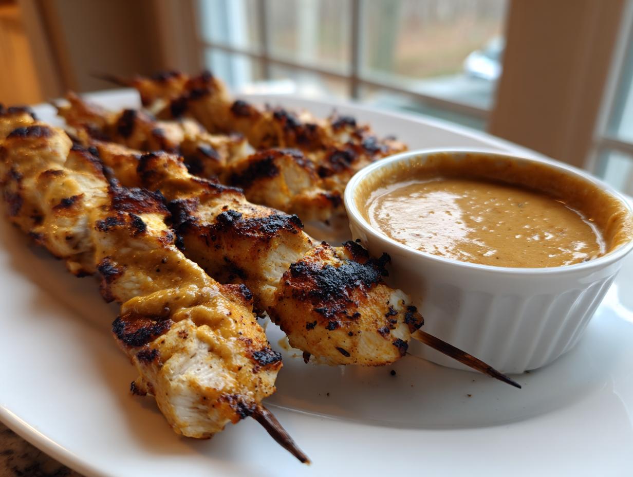 Close-up of grilled chicken satay skewers served on a white plate next to a small bowl of peanut dipping sauce.