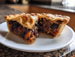 Close-up of a juicy mincemeat pie cut in half, showing rich, dark fruit filling and golden pastry.