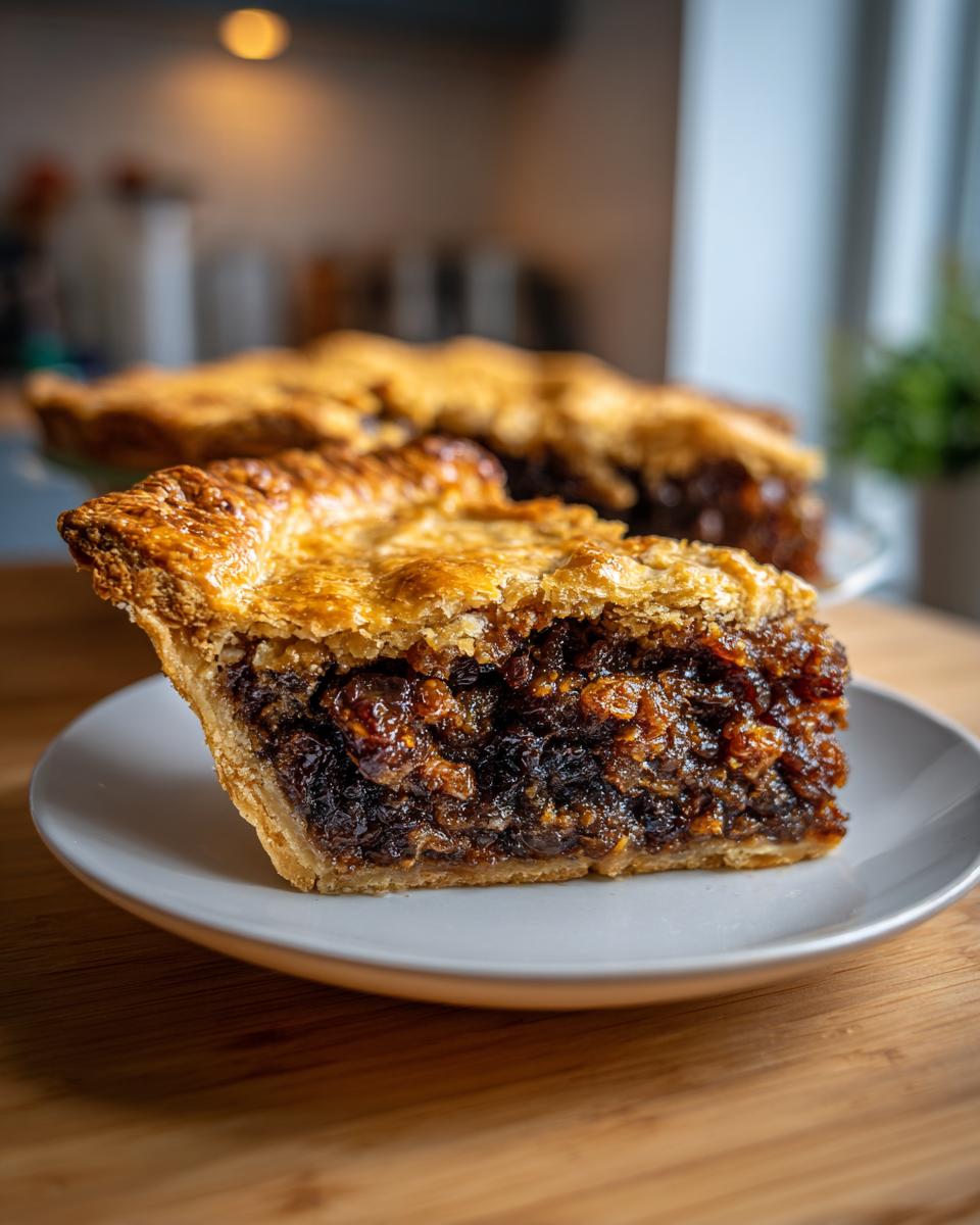 Close-up of a thick slice of juicy mincemeat pie showing rich, dark fruit filling and a golden, flaky crust.