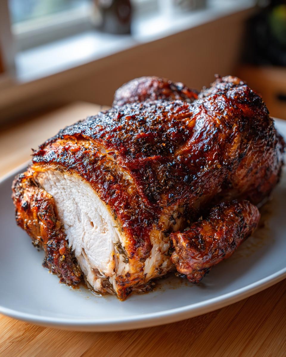 Close-up of a perfectly roasted turkey breast, showing juicy white meat and dark, herb-crusted skin.