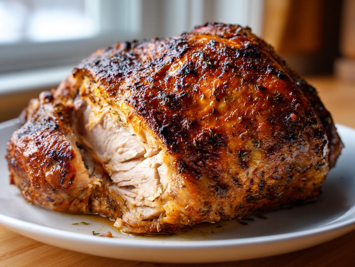 Close-up of a perfectly roasted turkey breast showing juicy white meat inside and a dark, herb-crusted skin.
