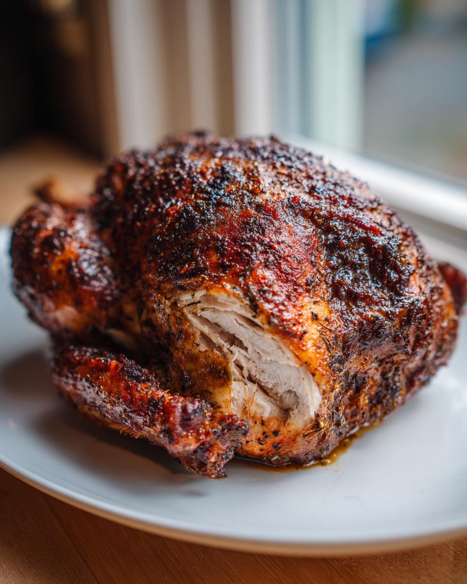 A perfectly roasted whole turkey with dark, crispy, seasoned skin, showing a slice of moist white meat inside.