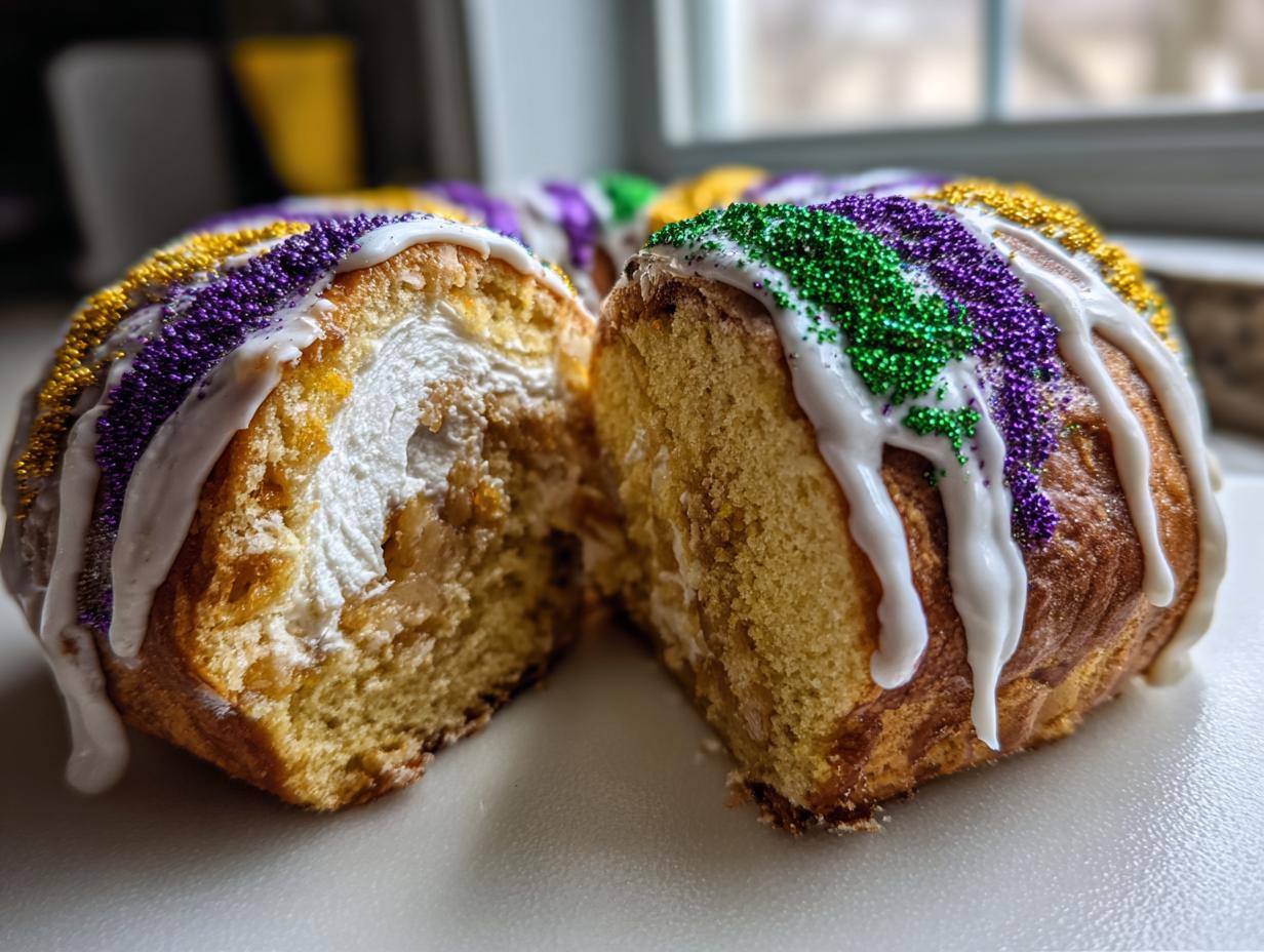 A close-up of a king cake cut in half, showing the golden cake, cream filling, white icing, and purple, green, and gold sprinkles.