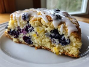 A close-up view of a single slice of lemon blueberry scones topped with white lemon glaze, showing the moist interior.