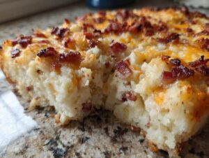 A close-up, cross-section view of baked loaded mashed potatoes topped with melted cheddar cheese and crispy bacon bits.