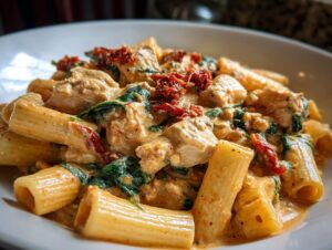 Close-up of rigatoni pasta mixed with chicken, spinach, and sun-dried tomatoes in a creamy sauce for marry me chicken pasta.